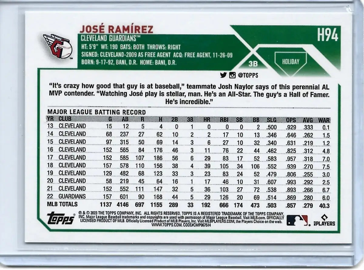 2023 Topps Holiday Baseball SP H94 Jose Ramirez Candy Cane Bat (5m) - Baseball Card Single