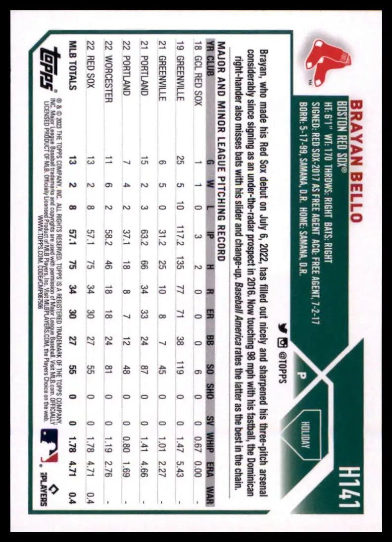 2023 Topps Holiday Brayan Bello RC H141 Boston Red Sox NM - Baseball Card Single