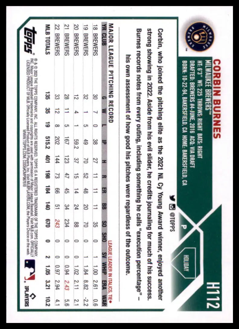 2023 Topps Holiday Corbin Burnes H112 Milwaukee Brewers NM - Baseball Card Single
