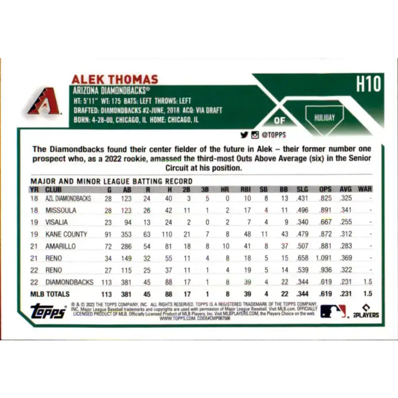 2023 Topps Holiday #H10 Alek Thomas NM-MT Arizona Diamondbacks Baseball Card - Baseball Card Single