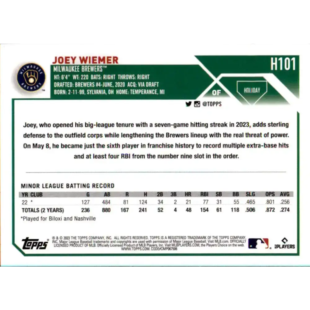 2023 Topps Holiday #H101 Joey Wiemer NM-MT RC Rookie Milwaukee Brewers Baseball Card - Baseball Card Single