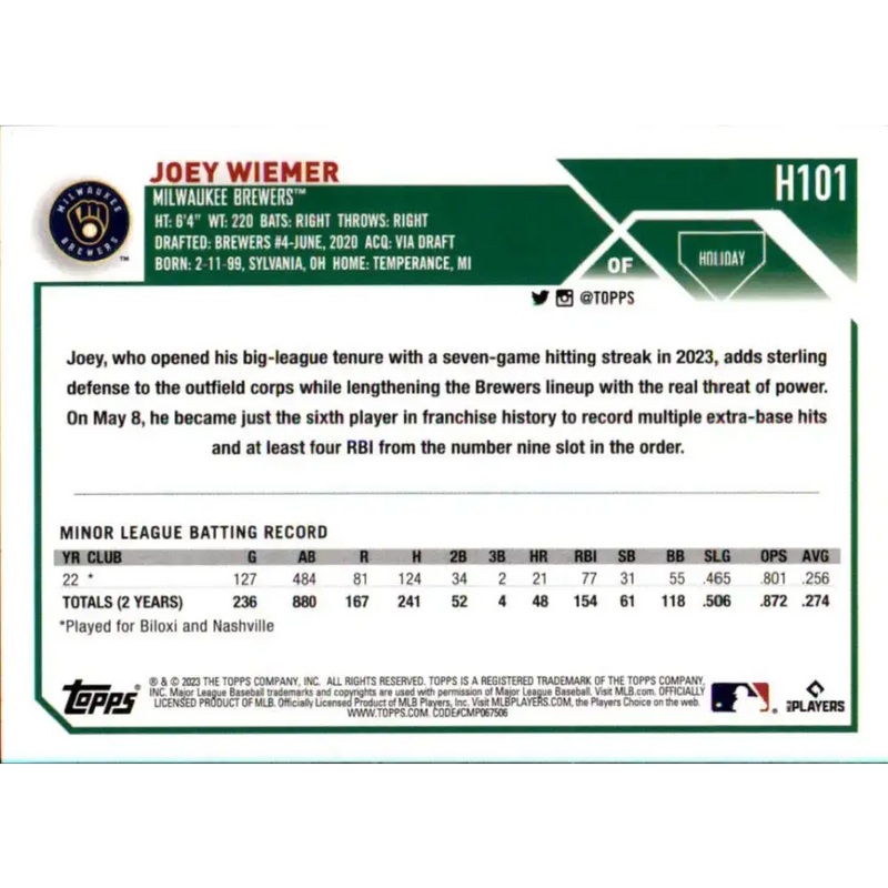 2023 Topps Holiday #H101 Joey Wiemer NM-MT RC Rookie Milwaukee Brewers Baseball Card - Baseball Card Single