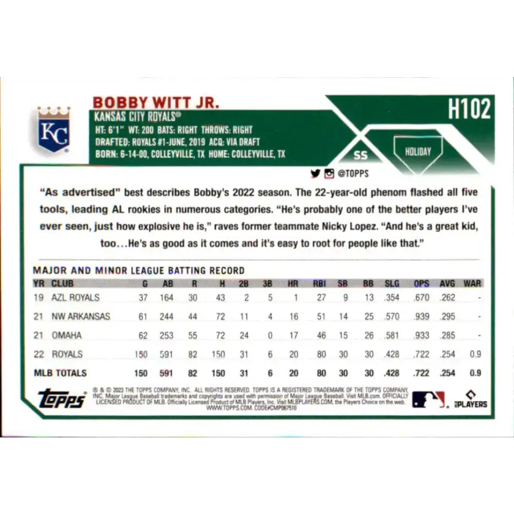 2023 Topps Holiday #H102 Bobby Witt Jr. NM-MT Kansas City Royals Baseball Card - Baseball Card Single