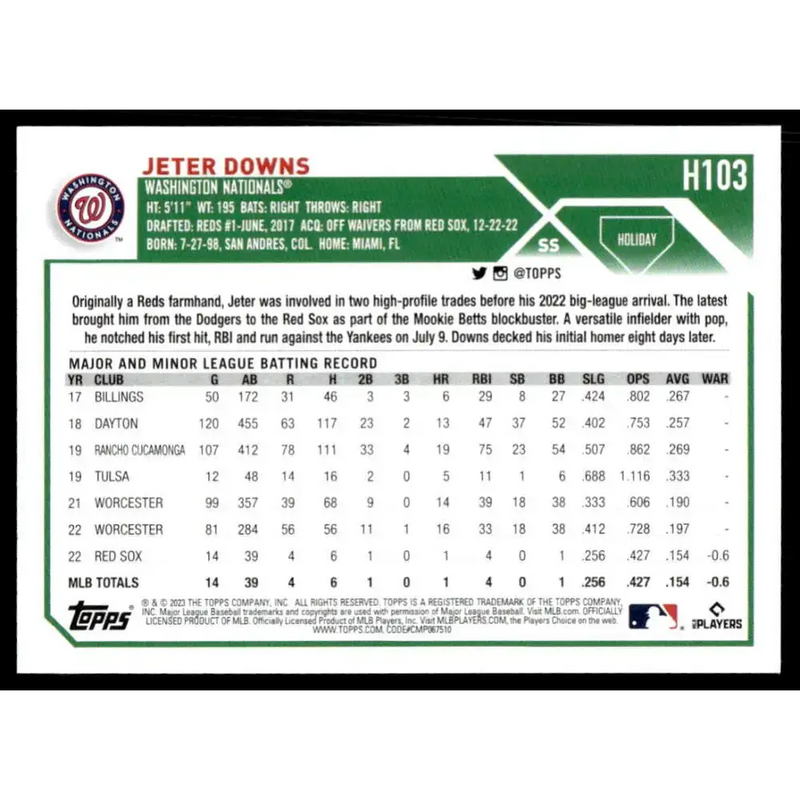 2023 Topps Holiday #H103 Jeter Downs NM-MT RC Rookie Washington Nationals Baseball Card - Baseball Card Single