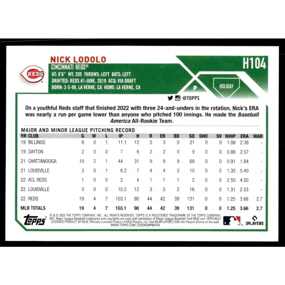 2023 Topps Holiday #H104 Nick Lodolo NM-MT Cincinnati Reds Baseball Card - Baseball Card Single