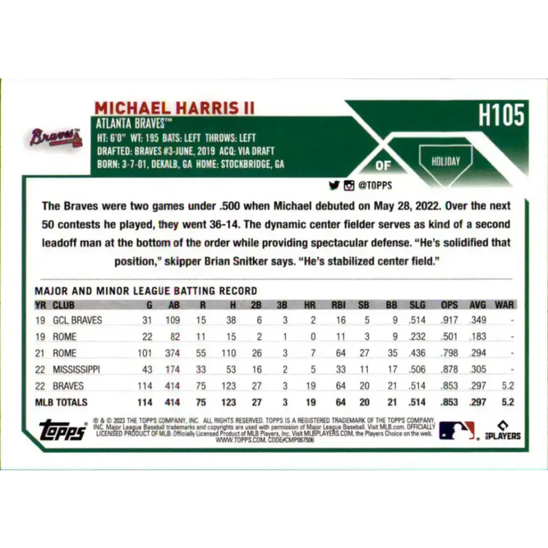 2023 Topps Holiday #H105 Michael Harris II NM-MT RC Rookie Atlanta Braves Baseball Card - Baseball Card Single