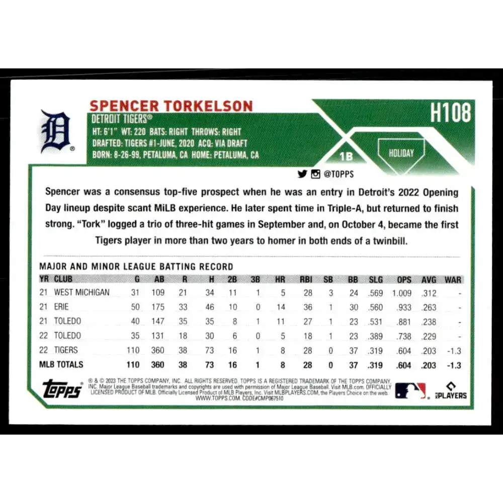 2023 Topps Holiday #H108 Spencer Torkelson NM-MT Detroit Tigers Baseball Card - Baseball Card Single