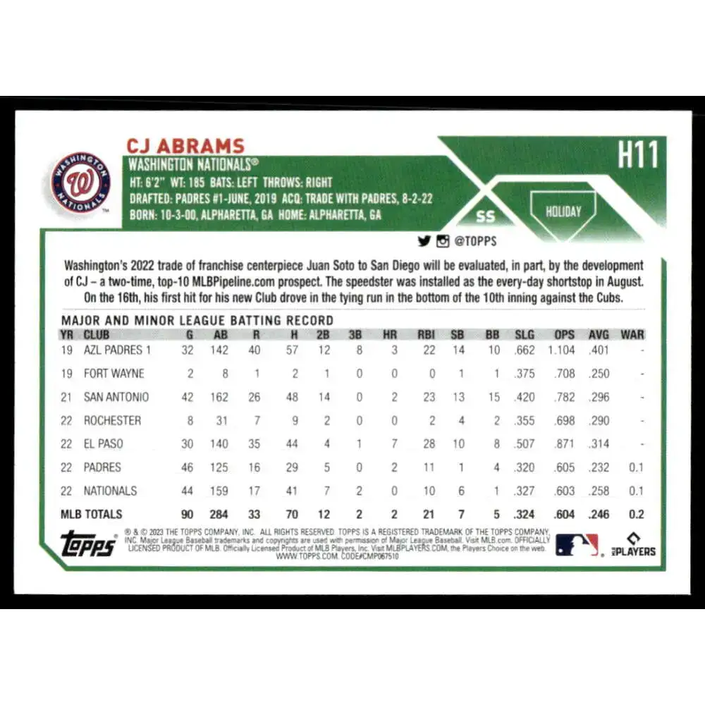 2023 Topps Holiday #H11 CJ Abrams NM-MT Washington Nationals Baseball Card - Baseball Card Single
