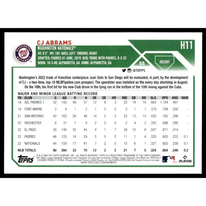 2023 Topps Holiday #H11 CJ Abrams NM-MT Washington Nationals Baseball Card - Baseball Card Single