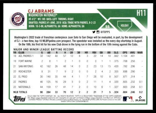 2023 Topps Holiday #H11 CJ Abrams NM Near Mint Nationals ID:65860 - Baseball Card Single