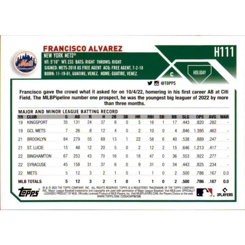 2023 Topps Holiday #H111 Francisco Alvarez NM-MT RC Rookie New York Mets Baseball Card - Baseball Card Single