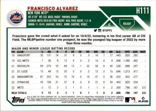Original gloss 2023 Topps Holiday H111 Francisco Alvarez baseball card NM near mint