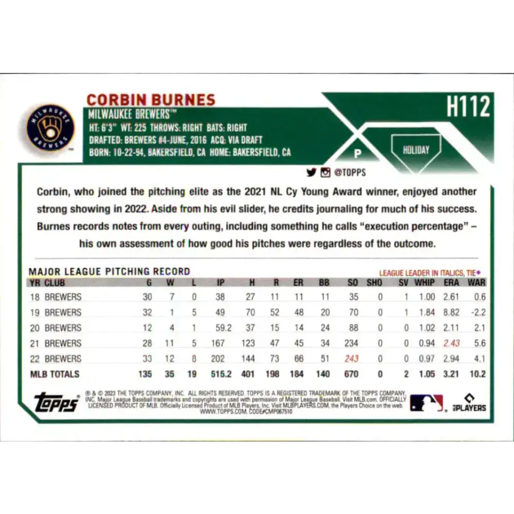 2023 Topps Holiday #H112 Corbin Burnes NM-MT Milwaukee Brewers Baseball Card - Baseball Card Single