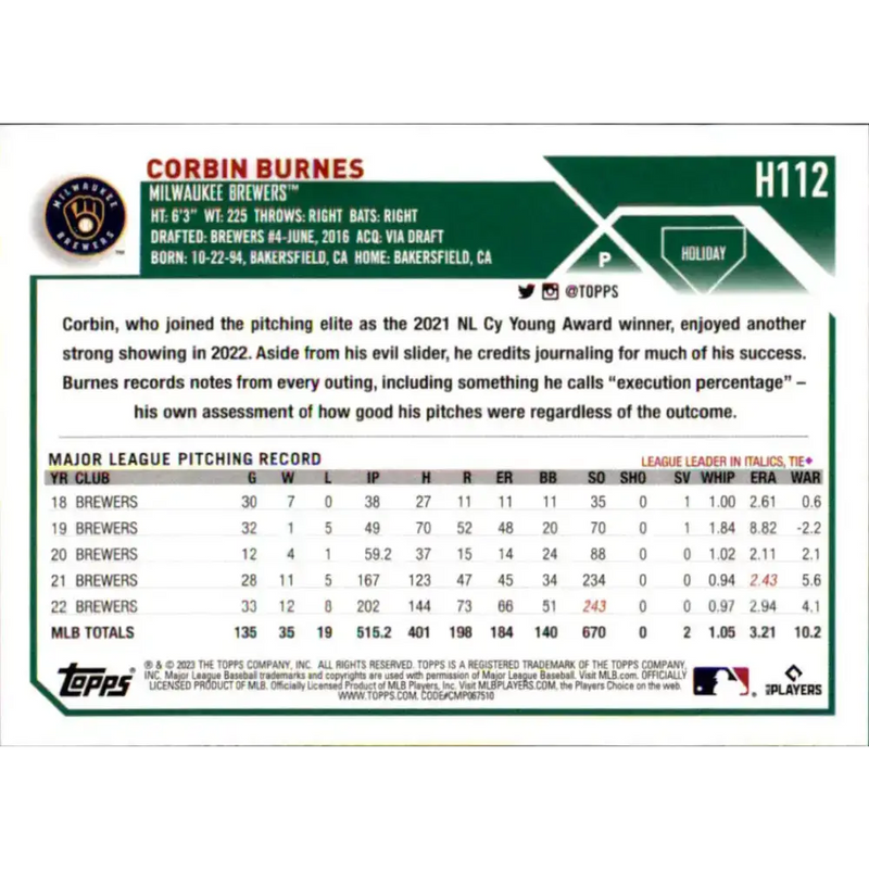 2023 Topps Holiday #H112 Corbin Burnes NM-MT Milwaukee Brewers Baseball Card - Baseball Card Single