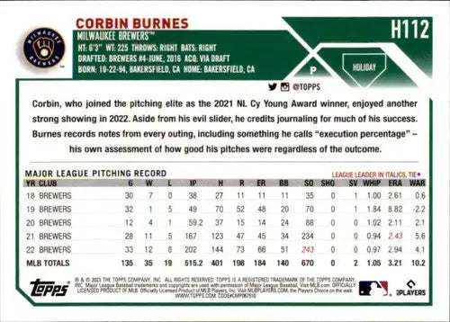 Original gloss 2023 Topps Holiday H112 Corbin Burnes baseball card, Brewers near mint