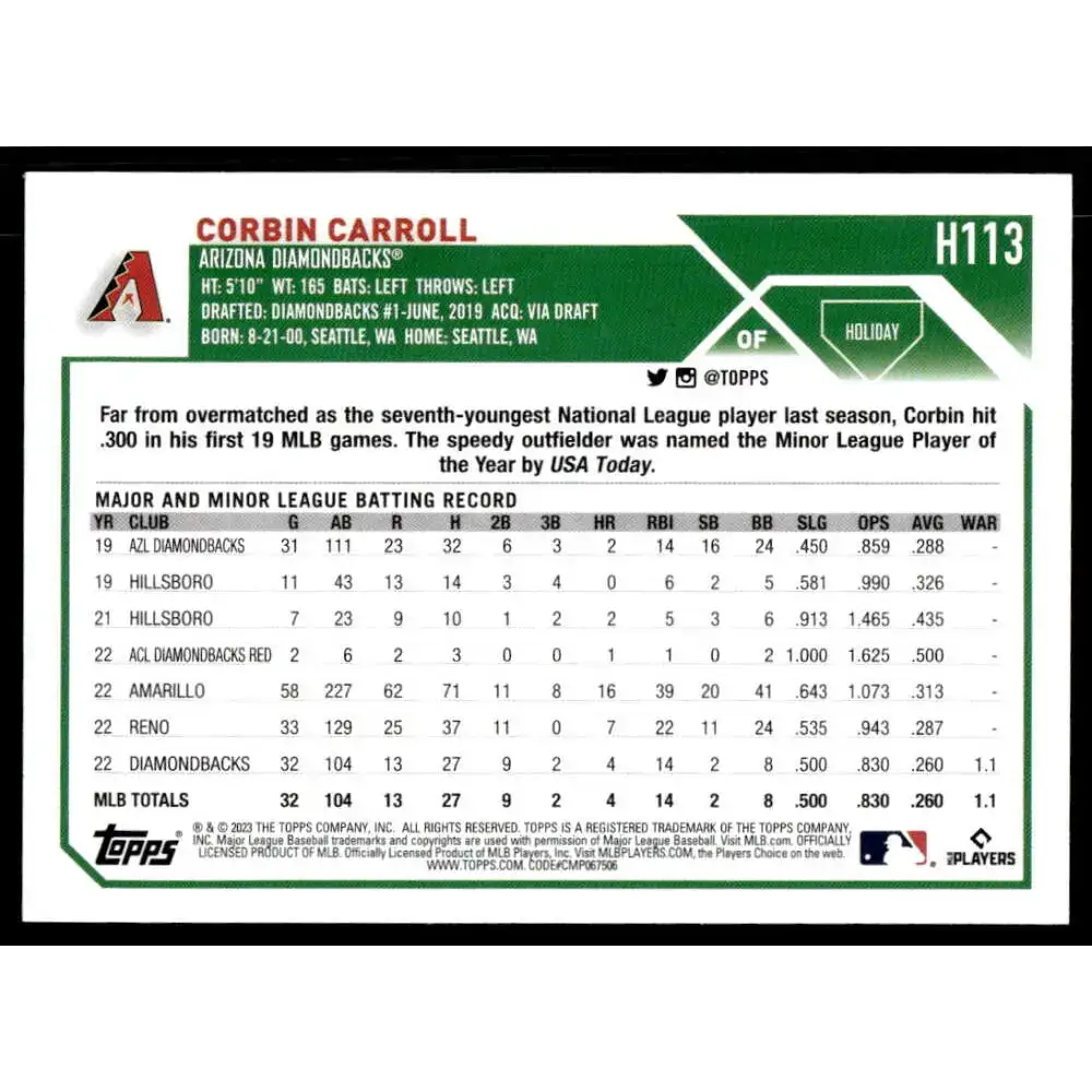 2023 Topps Holiday #H113 Corbin Carroll NM-MT RC Rookie Arizona Diamondbacks Baseball Card - Baseball Card Single