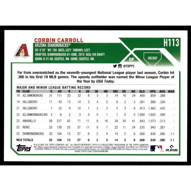 2023 Topps Holiday #H113 Corbin Carroll NM-MT RC Rookie Arizona Diamondbacks Baseball Card - Baseball Card Single