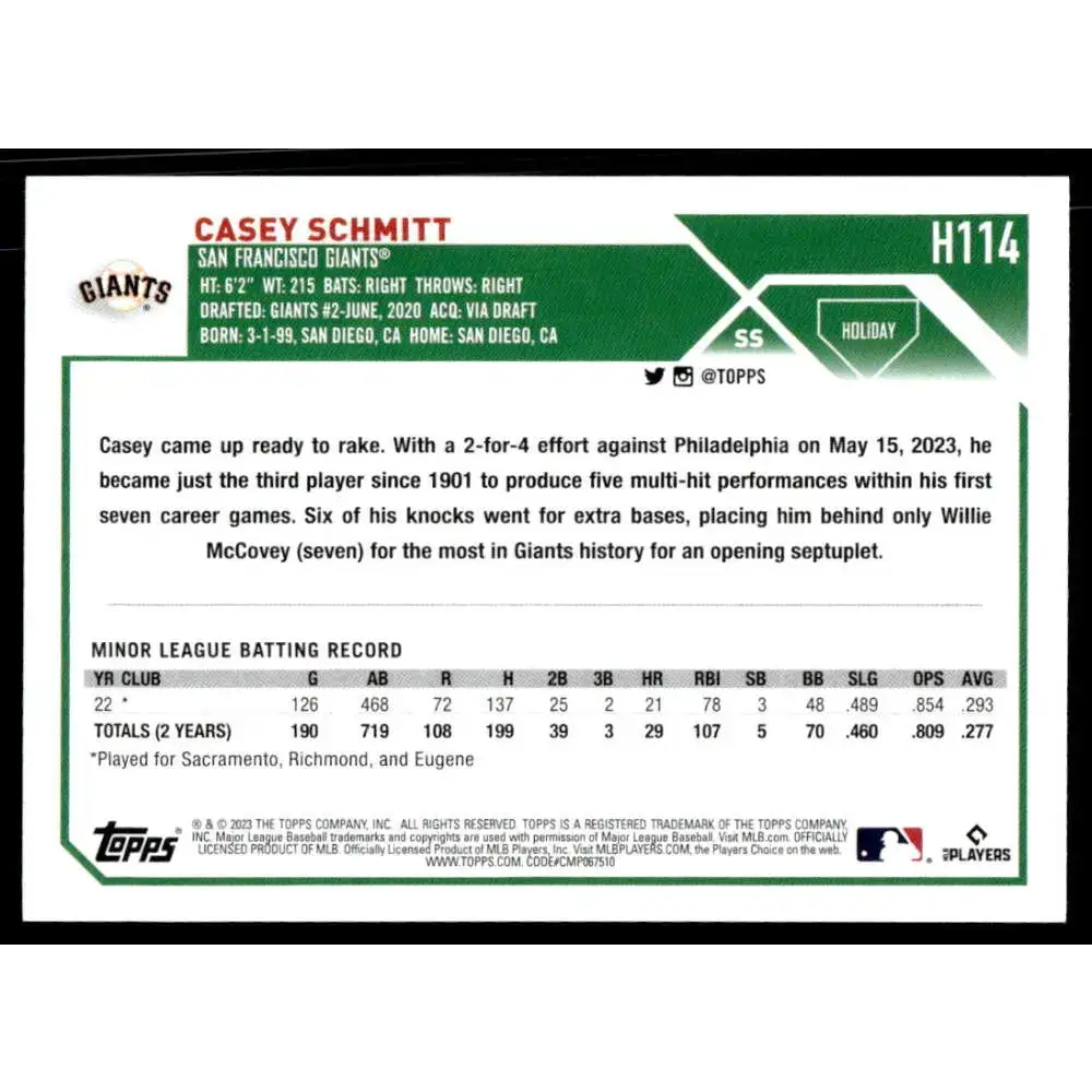 2023 Topps Holiday #H114 Casey Schmitt NM-MT RC Rookie San Francisco Giants Baseball Card - Baseball Card Single