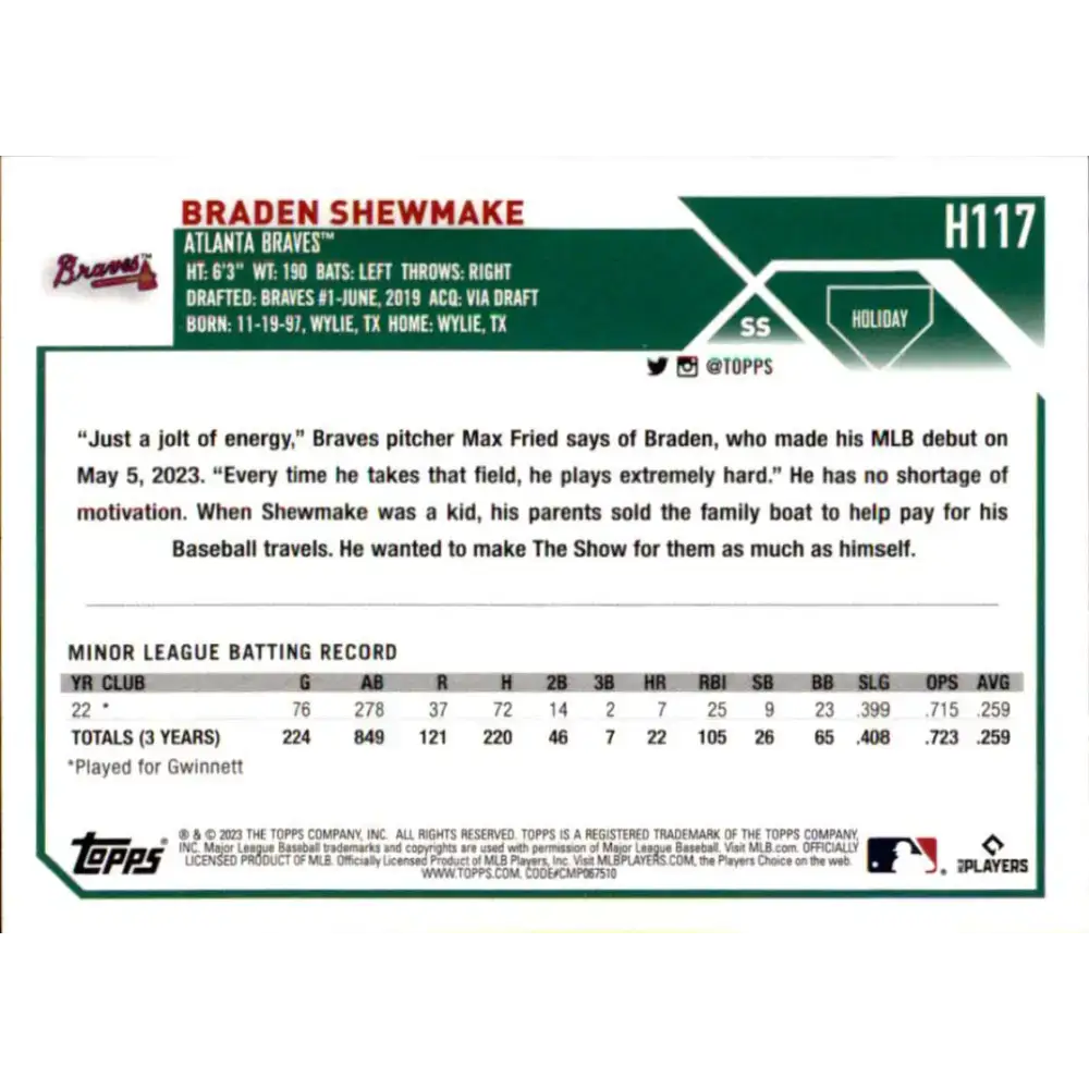 2023 Topps Holiday #H117 Braden Shewmake NM-MT RC Rookie Atlanta Braves Baseball Card - Baseball Card Single