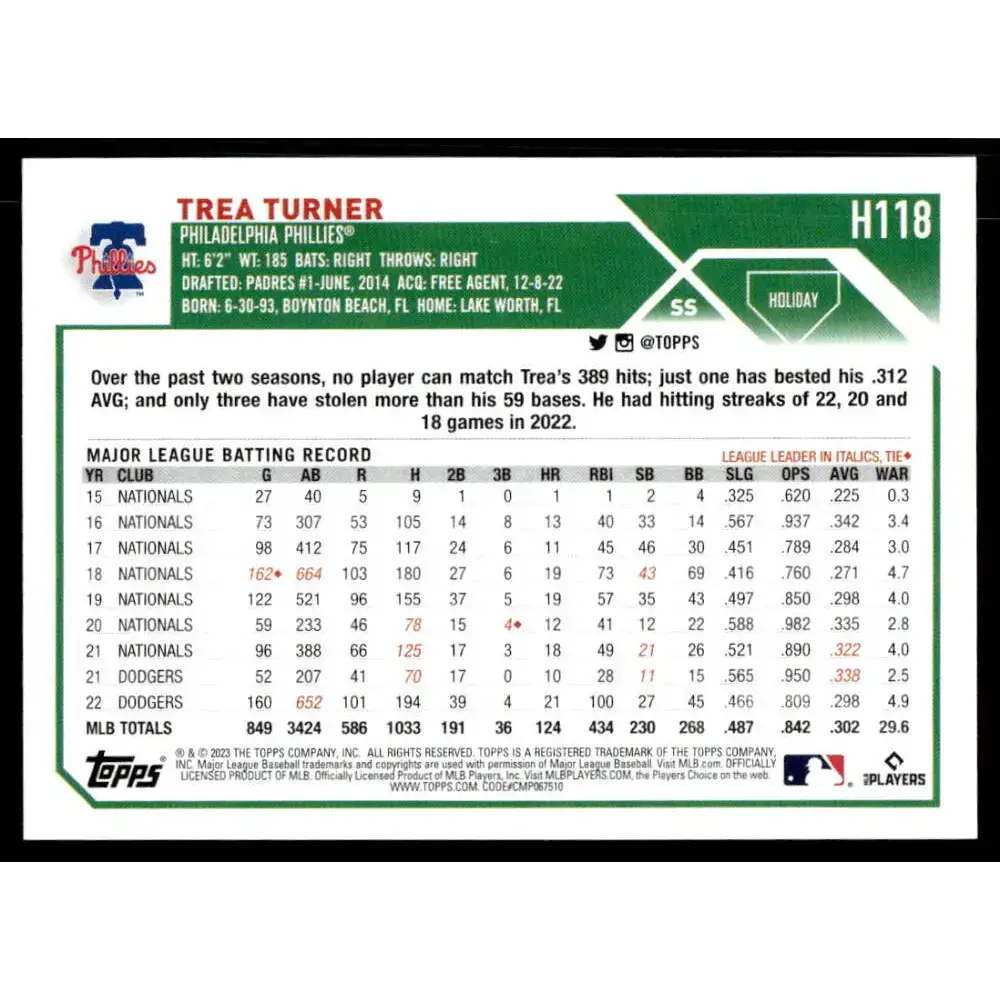2023 Topps Holiday #H118 Trea Turner NM-MT Philadelphia Phillies Baseball Card - Baseball Card Single