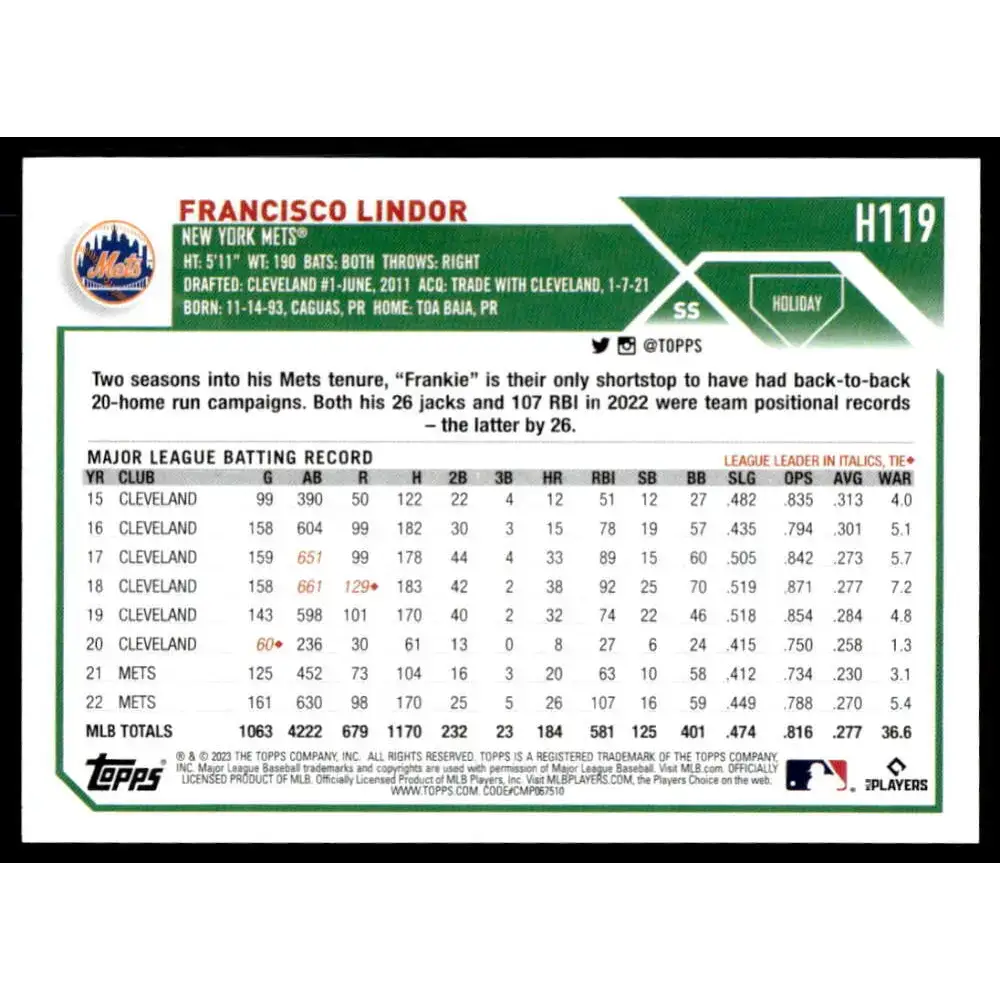 2023 Topps Holiday #H119 Francisco Lindor NM-MT New York Mets Baseball Card - Baseball Card Single