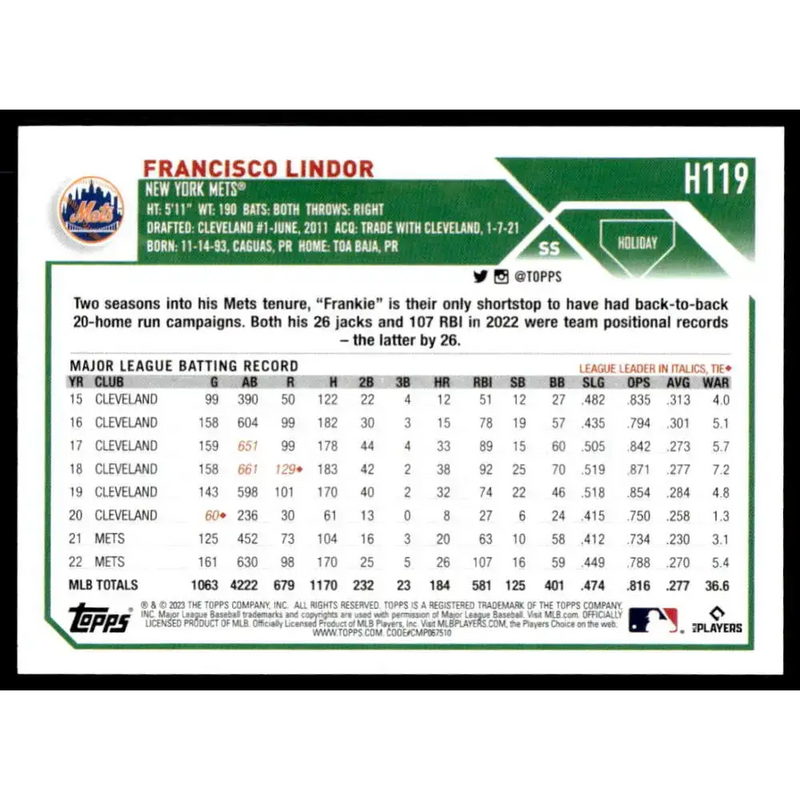 2023 Topps Holiday #H119 Francisco Lindor NM-MT New York Mets Baseball Card - Baseball Card Single