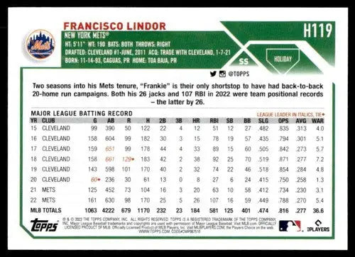 2023 Topps Holiday H119 Francisco Lindor baseball card with player statistics and original gloss