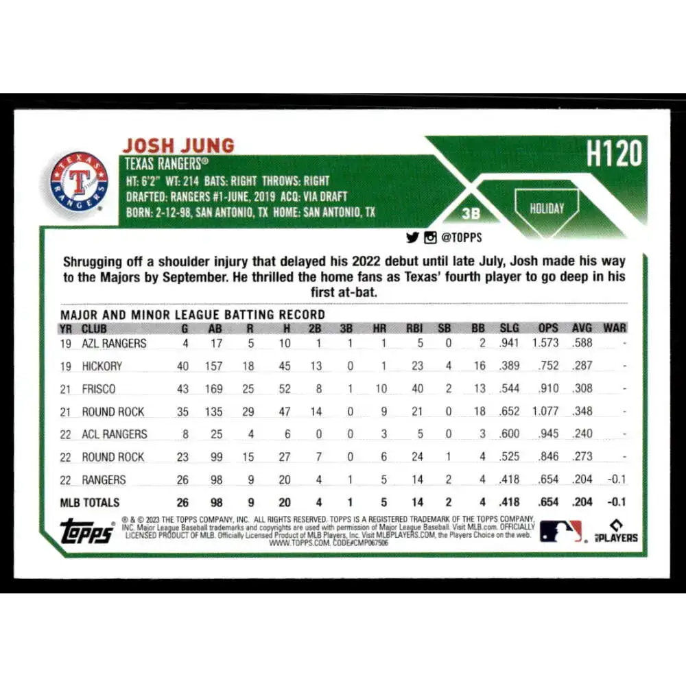 2023 Topps Holiday #H120 Josh Jung NM-MT RC Rookie Texas Rangers Baseball Card - Baseball Card Single