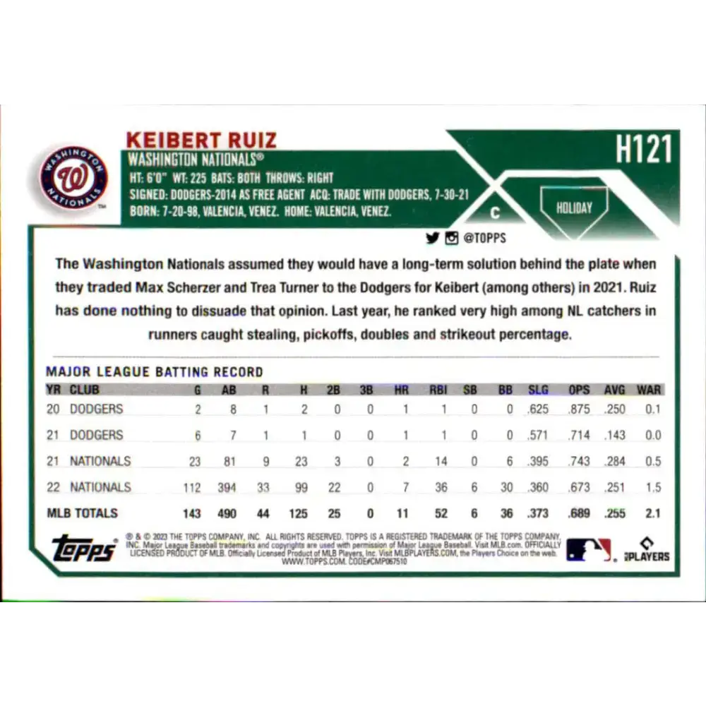 2023 Topps Holiday #H121 Keibert Ruiz NM-MT Washington Nationals Baseball Card - Baseball Card Single