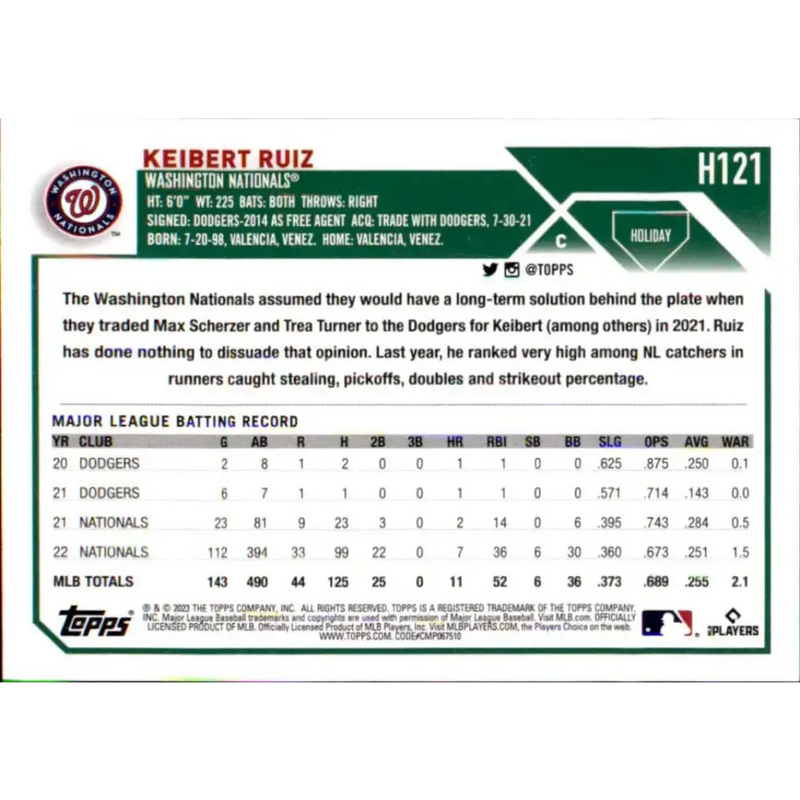 2023 Topps Holiday #H121 Keibert Ruiz NM-MT Washington Nationals Baseball Card - Baseball Card Single