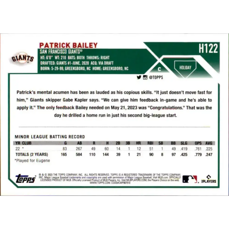 2023 Topps Holiday #H122 Patrick Bailey NM-MT RC Rookie San Francisco Giants Baseball Card - Baseball Card Single