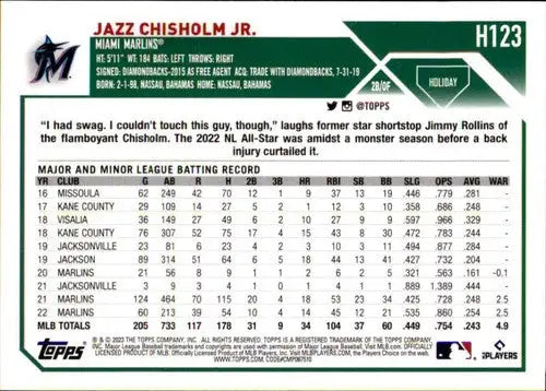 2023 Topps Holiday Jazz Chisholm Jr. baseball card with original gloss NM near mint