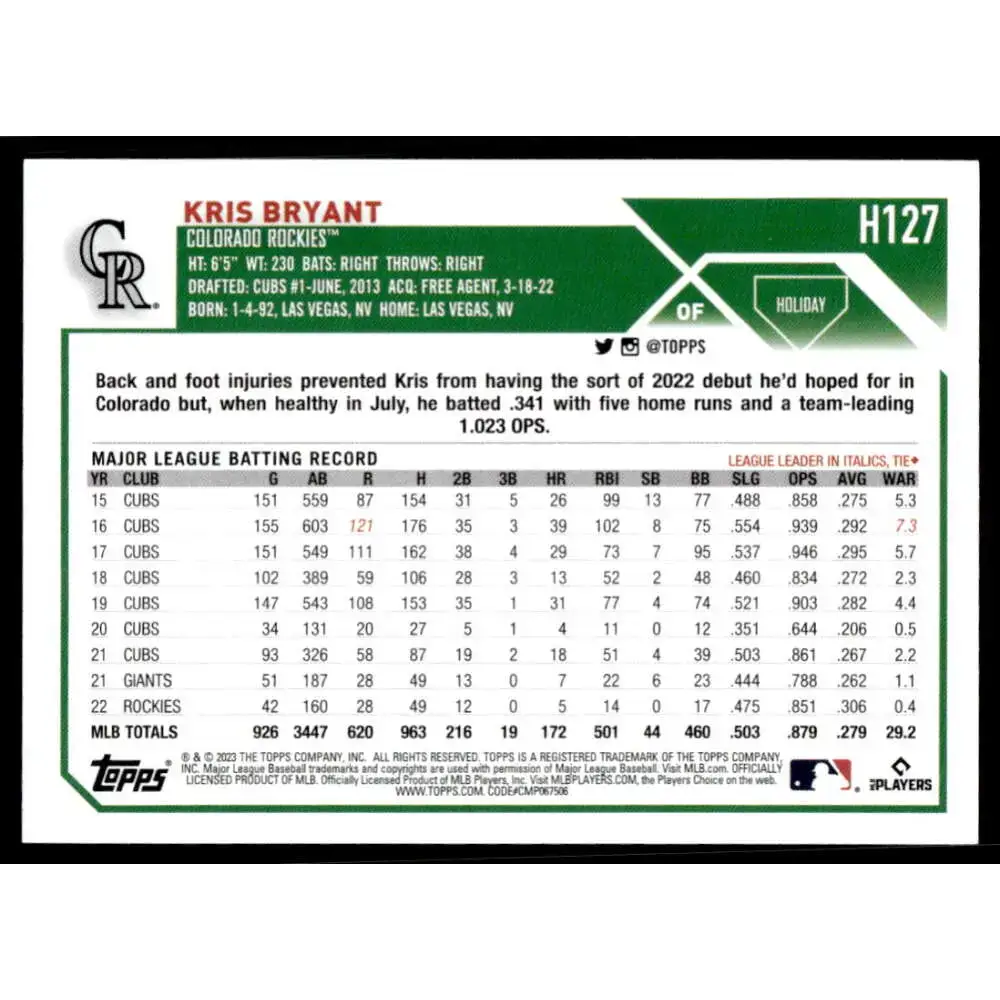 2023 Topps Holiday #H127 Kris Bryant NM-MT Colorado Rockies Baseball Card - Baseball Card Single