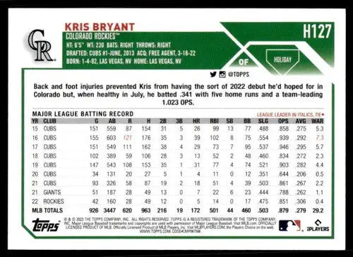 2023 Topps Holiday Kris Bryant baseball card with original gloss, H127 Rockies NM