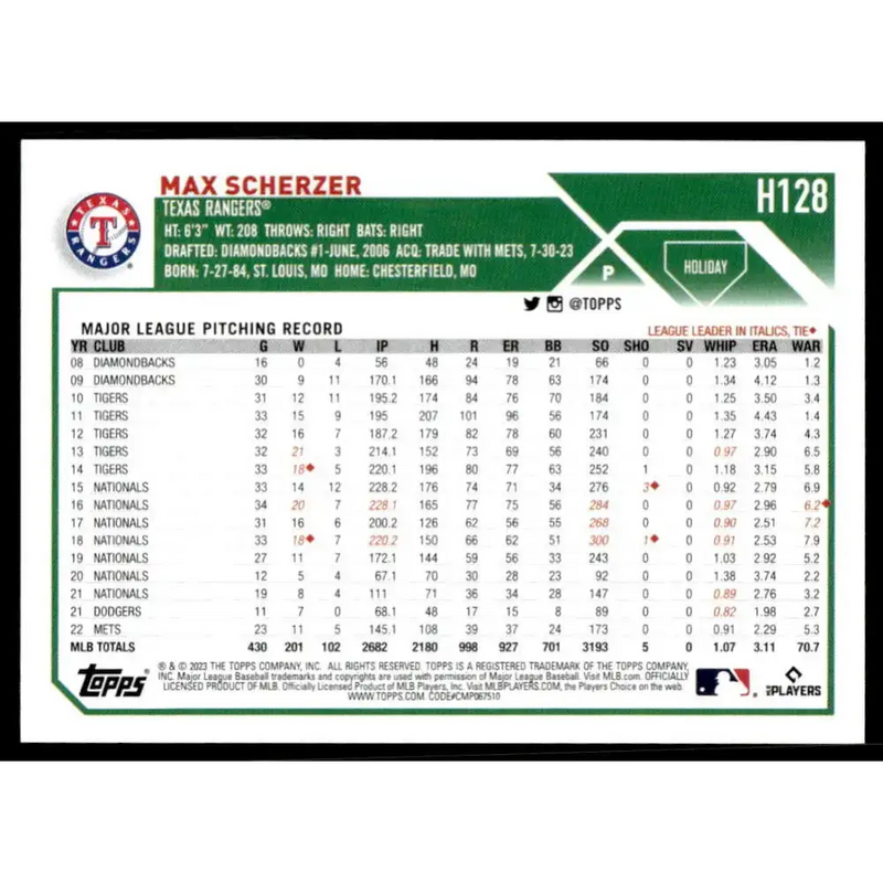 2023 Topps Holiday #H128 Max Scherzer NM-MT Texas Rangers Baseball Card - Baseball Card Single
