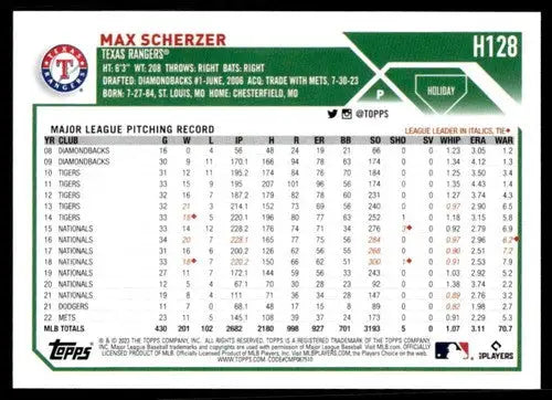 2023 Topps Holiday #H128 Max Scherzer NM Near Mint Rangers ID:66343 - Baseball Card Single