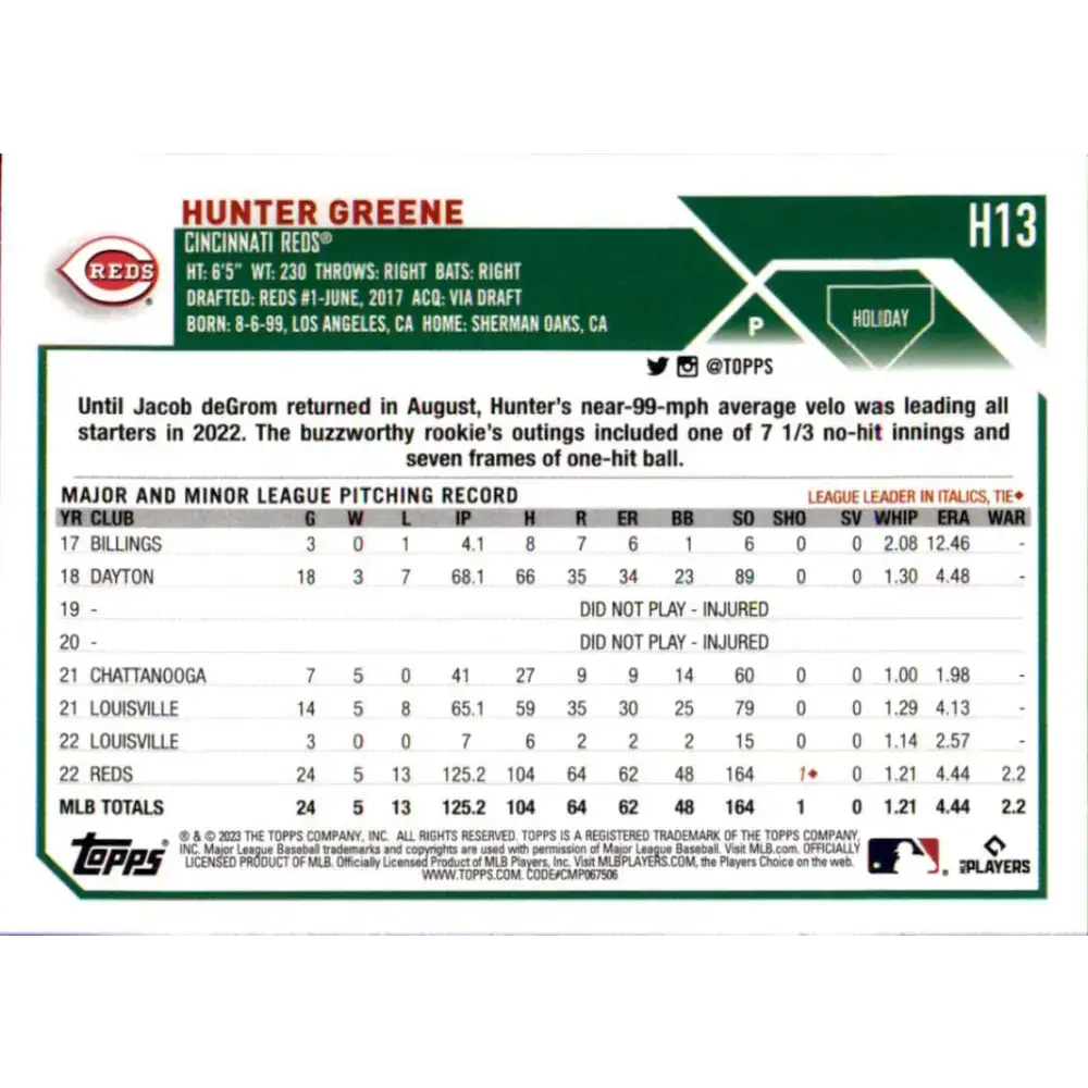 2023 Topps Holiday #H13 Hunter Greene NM-MT Cincinnati Reds Baseball Card - Baseball Card Single