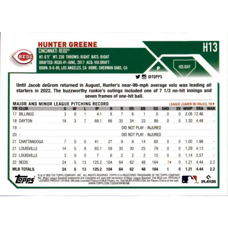 2023 Topps Holiday #H13 Hunter Greene NM-MT Cincinnati Reds Baseball Card - Baseball Card Single