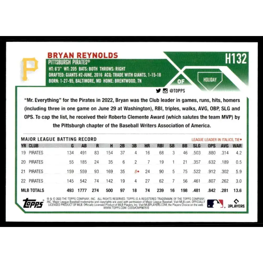 2023 Topps Holiday #H132 Bryan Reynolds NM-MT Pittsburgh Pirates Baseball Card - Baseball Card Single