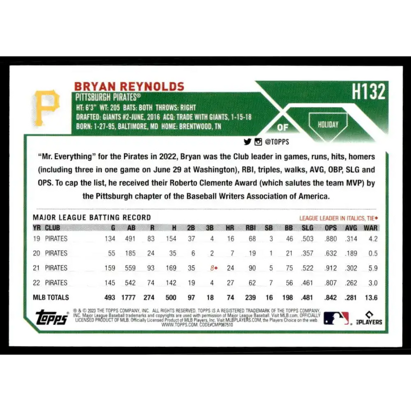 2023 Topps Holiday #H132 Bryan Reynolds NM-MT Pittsburgh Pirates Baseball Card - Baseball Card Single