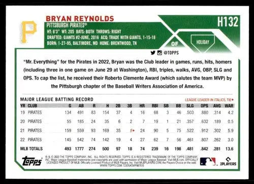 2023 Topps Holiday H132 Bryan Reynolds baseball card Pirates near mint NM ID 66351