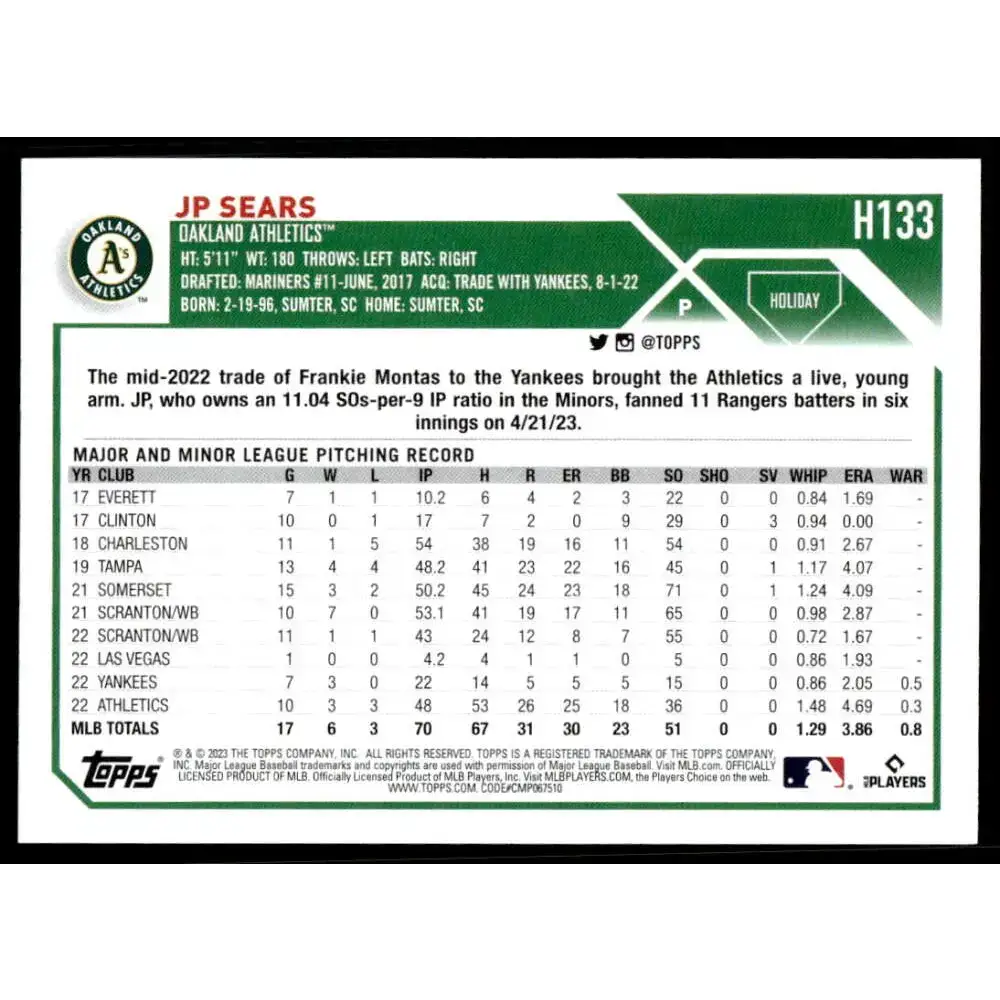 2023 Topps Holiday #H133 JP Sears NM-MT Oakland Athletics Baseball Card - Baseball Card Single