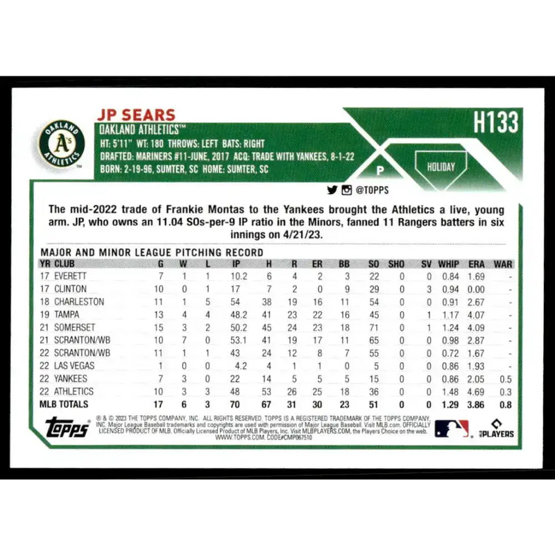 2023 Topps Holiday #H133 JP Sears NM-MT Oakland Athletics Baseball Card - Baseball Card Single