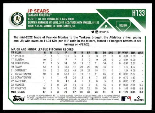 2023 Topps Holiday JP Sears baseball card with original gloss Mint Athletics ID 66354