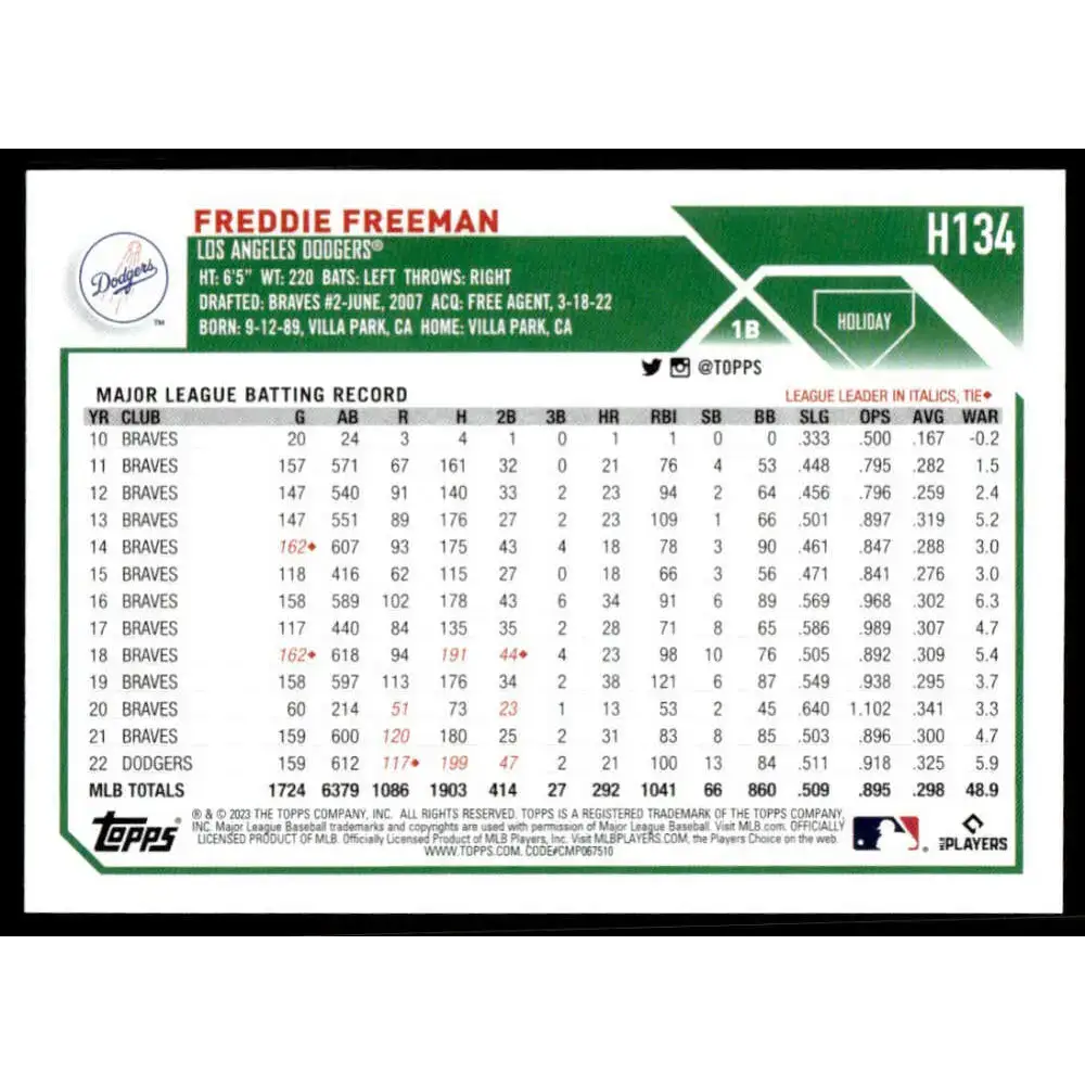 2023 Topps Holiday #H134 Freddie Freeman NM-MT Los Angeles Dodgers Baseball Card - Baseball Card Single