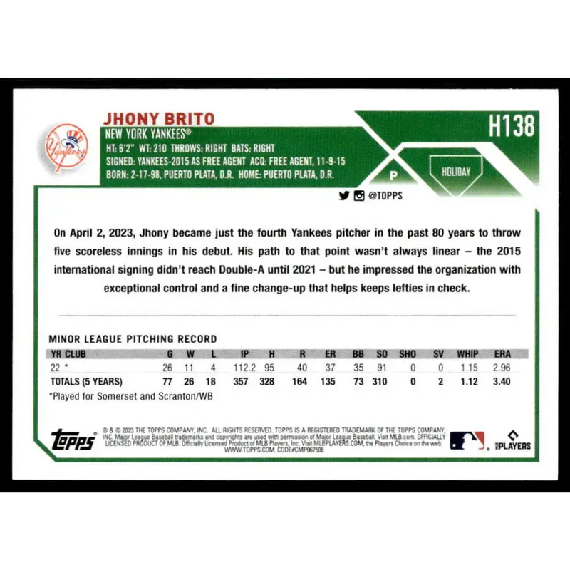 2023 Topps Holiday #H138 Jhony Brito NM-MT RC Rookie New York Yankees Baseball Card - Baseball Card Single