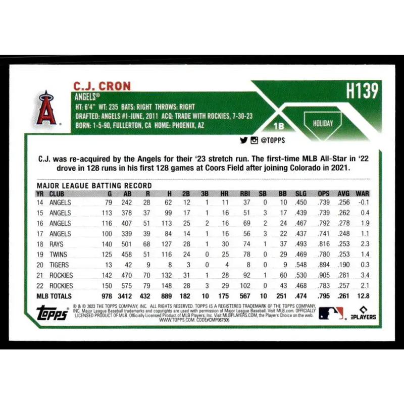 2023 Topps Holiday #H139 C.J. Cron NM-MT Los Angeles Angels Baseball Card - Baseball Card Single