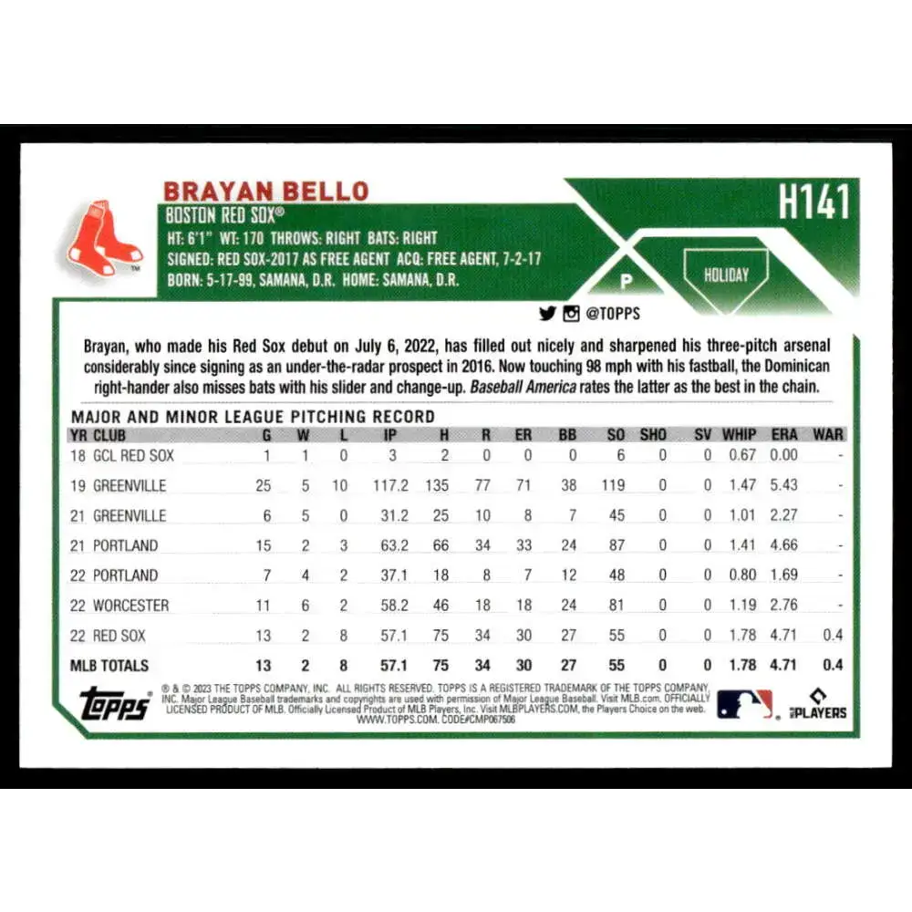 2023 Topps Holiday #H141 Brayan Bello NM-MT RC Rookie Boston Red Sox Baseball Card - Baseball Card Single
