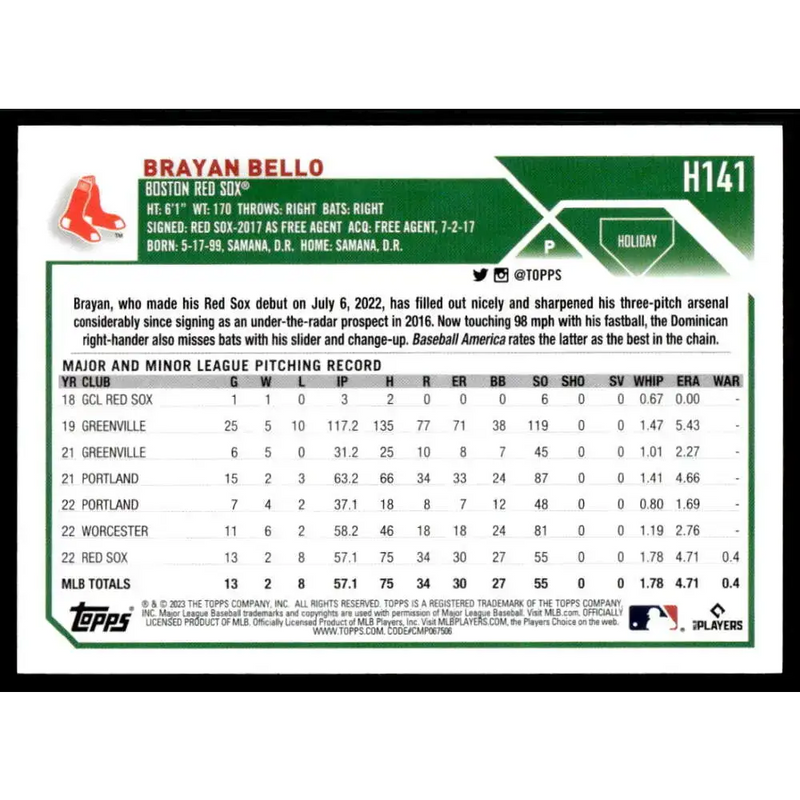 2023 Topps Holiday #H141 Brayan Bello NM-MT RC Rookie Boston Red Sox Baseball Card - Baseball Card Single