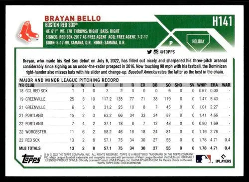 2023 Topps Holiday #H141 Brayan Bello NM Near Mint RC Rookie Red Sox ID:66368 - Baseball Card Single